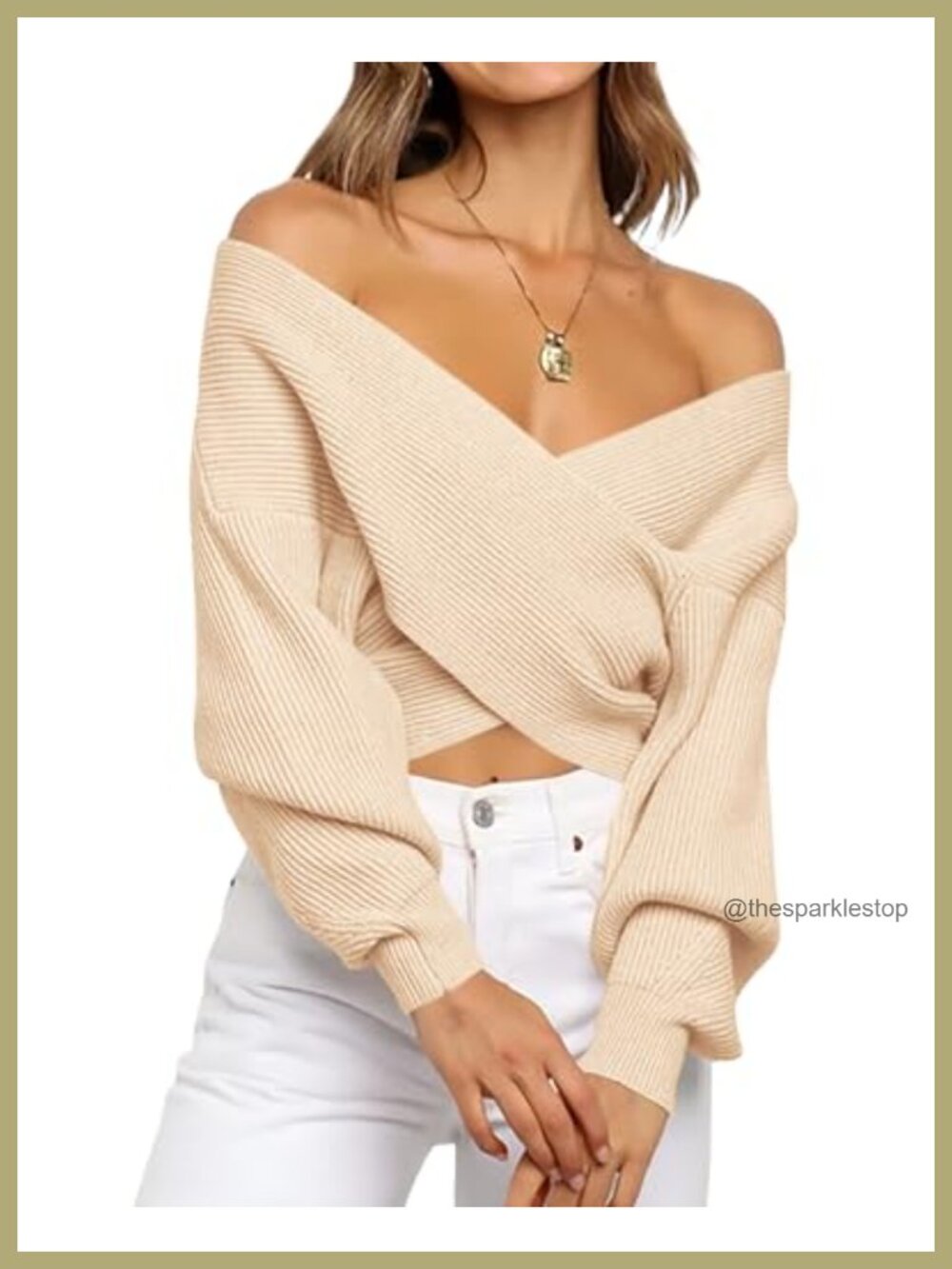 Off Shoulder Cropped Sweater Criss Cross Wrap V Neck Lantern Sleeve Ribbed Knit